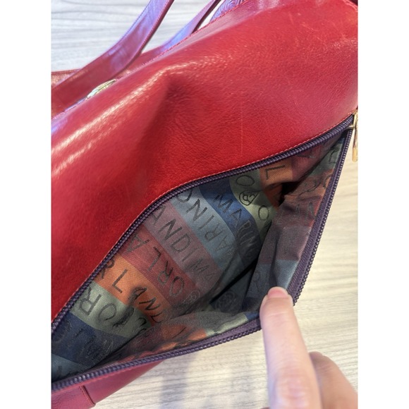 Marino Orlandi Red Embossed Leather Shoulder Bag Floral Tooled Gold Hardware - Picture 11 of 14